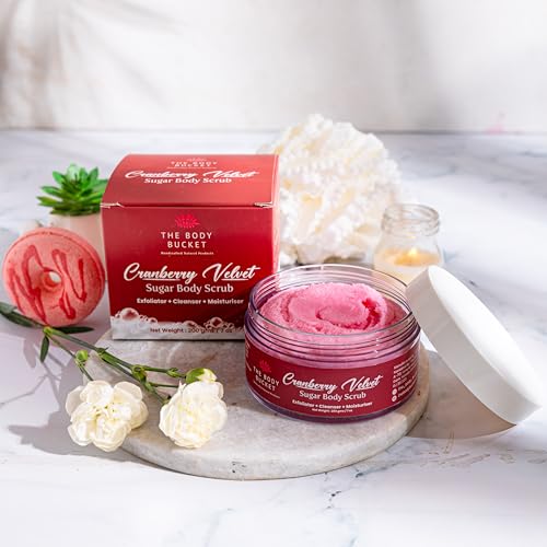 Image of The Body Bucket Cranberry Velvet Sugar Body Scrub- 200g | Included Free Bath Bomb | 3-in-1 Exfoliator, Cleanser, Moisturizer | De-Tan & Brightens Dark Areas| Smooths Strawberry Legs & Arms | Sulfate & Paraben Free