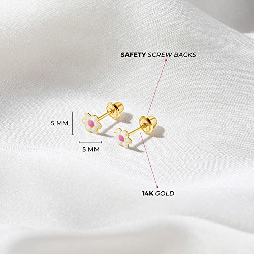 14k Yellow Gold Toddler & Young Girl's 5mm Small Enamel Daisy Flower Screw Back Earrings - Cute Flower Screw Backs for Babies & Little girls4