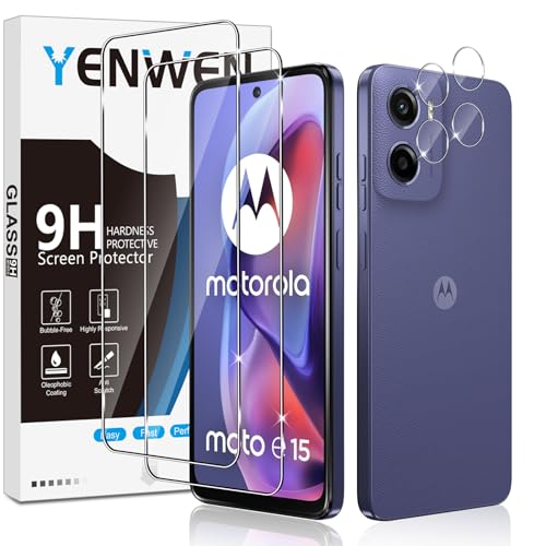 Yenwen Protector de Pantalla para Motorola Moto G15, 2 Piezas Cristal Templado con 2 Piezas Protector de Lente de Cámara, 9H Dureza Ultra Resistente Vidrio Templado