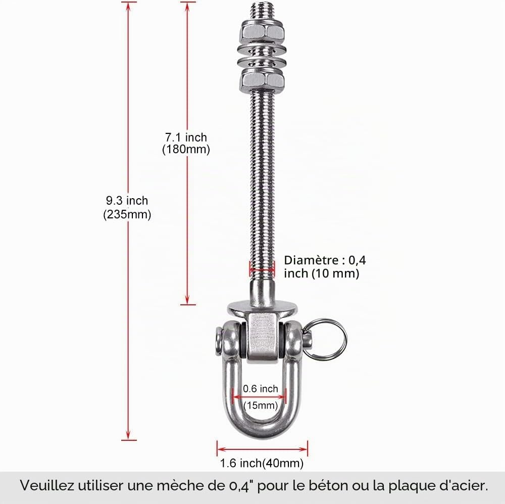 SELEWARE Crochets de suspension pivotants à 180° robustes, capacité de 800 kg en acier inoxydable 304 permanent antirouille, ensembles de balançoire de porche en bois et acier de 14,5 cm pour hamac de