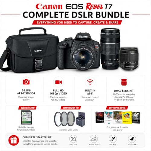 Image of Canon EOS Rebel T7 DSLR Camera with 2 Lens EF-S 18-55mm + EF 75-300mm Lens, Bundle with 32GB Card, Filter Kit, PC Software Package, 1-Year Limited Warranty