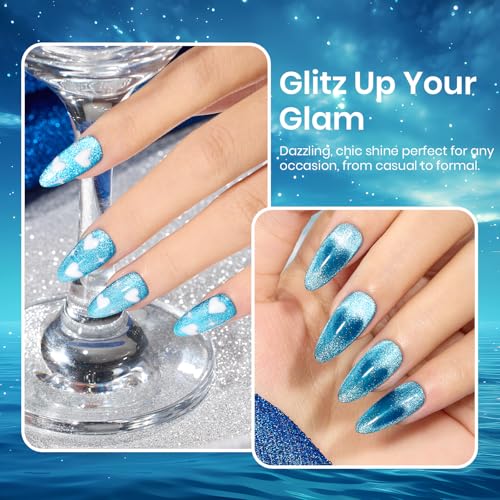 Image of Beetles Blue Cat Eye Gel Polish, 15ML Blue Cat Eye Glitter Gel Polish with Magnet Shimmer Velvet Gel Soak Off UV Stellar Ocean Collection French Nail Art Design Manicure Summer Gifts for Women