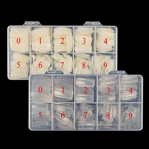 1000 Pcs Acrylic Nail Kit, Coffin Nails Long Fake Nails Tips For Nail Salons And DIY Nail, Artificial Half Cover Nail Tips With Box, Nature & Clear, 10 Size