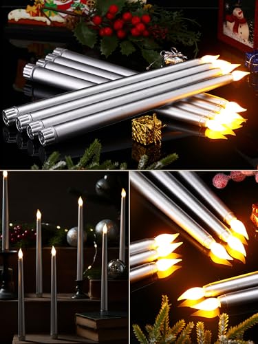 Image of Funtery 48 Pcs Flameless LED Taper Candles Battery Operated Candles Bulk Realistic LED Candlesticks Flickering for Wedding Church Party Home Decor(Silver,11 Inch,Classic Style)