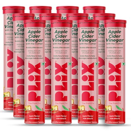 Image of The Plant Fix Plix Apple Cider Vinegar Effervescent Tablet with mother|Supports Metabolism & Appetite Control With 500mg ACV,Vit B6 & B12,No Maltodextrin & Added Sugar,Pack of 12(180 tablets)
