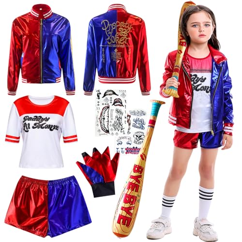 AJDSK Disfraz Cosplay Quinn Niñas: Disfraz de Suicide Squad Escuadrón Cosplay Set con Camiseta Chaqueta Pantalones Corta y guantes bate inflable para Halloween Carnaval Niñosde Payaso Cosplay (L-140)