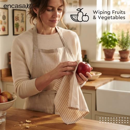 Image of Encasa XO Kitchen Towels Cotton Pack of 4 | 70x45 cm, Ticking Beige - Dish Cloths | Highly Absorbent Cleaning & Wiping Cloths for Kitchen | Reusable Tea Towels