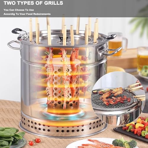 Przenośny grill bezdymny, pionowy piec do grillowania ze stali nierdzewnej z 50 szpikulcami, prażenie 360°, separacja węgla olejowego, idealna na kemping i do użytku na podwórku