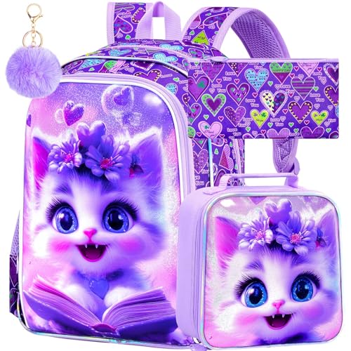 Image of CCJPX 3Pcs Cat Backpack for Girls, 16 inch Kids Bookbag with Lunch Box, Water Resistant Elementary School Bag for Kindergarten Preschool Toddler (Purple)