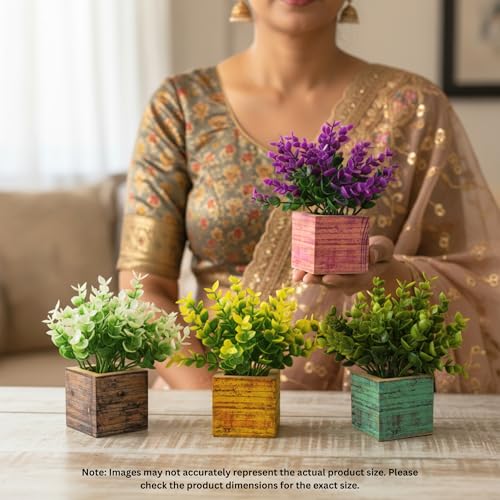 Image of DecoreBugs Artificial Mini Plant (4 Pack)| Small Artificial Faux Plants Home & Office Decor, Living Room, Bedroom, Tabletop & Shelves | Small Potted Plants | Stylish Wood Pot