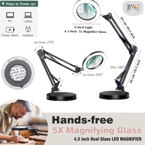 Image of BROLAVIYA Overhead Heavy Base 5X Magnifying Glass with Led Light and Stand, 3 Color Modes Dimmable, Flexible Metal Arm, Magnifier Desk Lamp for Crafts, Makeup, Reading, Photography - Black