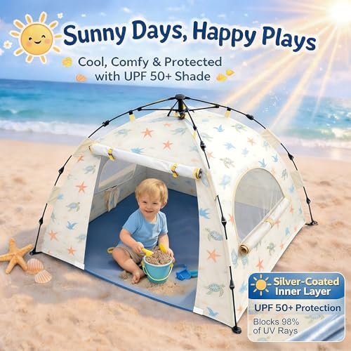 Image of Baby Beach Tent Pop Up Sun Shelter with UPF 50+ UV Protection, Silver-Coated Interior, Breathable Mesh Ventilation, Easy Setup, Wind-Stable Beach Shade for Infants & Toddlers