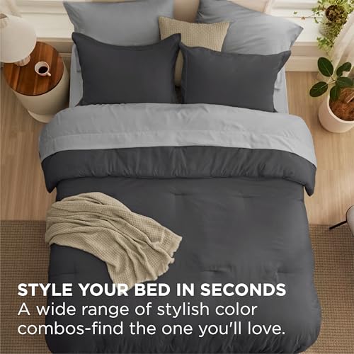 Image of Bedsure Full Comforter Set - 7 Pieces Dark Grey Full Bedding Set for All Seasons, Boho Contrasting Design Bed in a Bag with Comforter, Sheets, Pillowcases & Shams