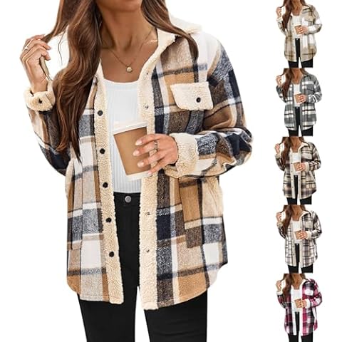 Womens Fleece Plaid Coats Sherpa Jacket Button Down Winter Coats Long Sleeve Flannel Warm Jackets Outwear Coats 2024,Brown,Small Cover