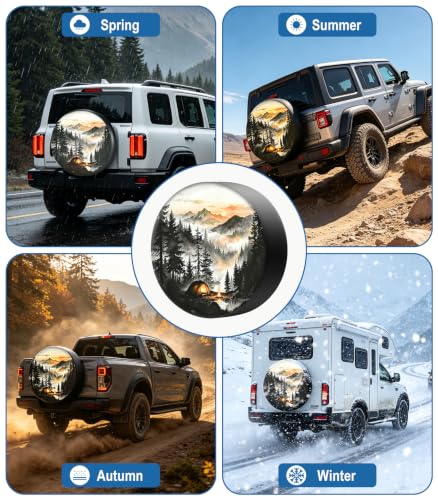 Image of RV Spare Tire Cover Mountain Lake Tree 14in Waterproof Universal Fit