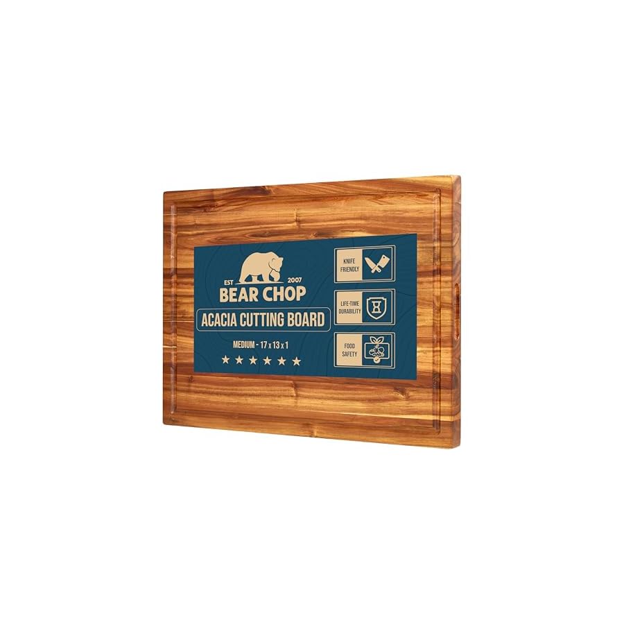 Bearchop Acacia Wood Cutting Boards for Kitchen, [17" x 13" x 1"] Medium Edge Grain Cutting Boards, Solid Wood Butcher Block Cutting Board with Juice Grooves and Handle, Knife Friendly and Reversible