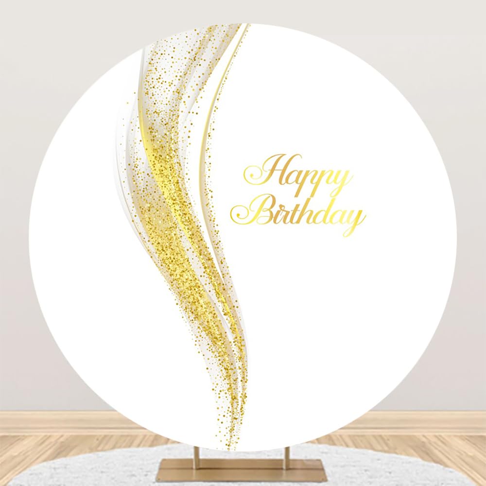 Durchmesser 2,2m Runde Happy Birthday Weiß Gold Backdrop Gold Kurven Glitter Wellen Hintergrund für Fotografie Geburtstag Party Baby Dusche Photo Booth Requisiten, Polyester