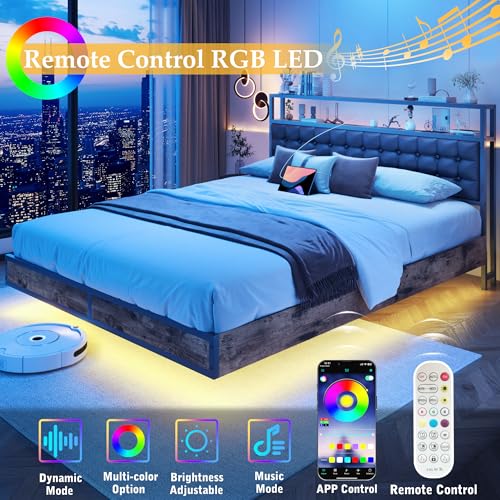Image of HISOFT Floating Queen Bed Frame with 2-Tier Storage Headboard, Metal Queen Bed Frame with Charging Station & LED, Faux Leather, No Box Spring Needed, Noise Free, Easy to Assemble, Black Square