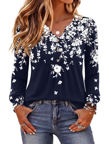 Image of Zeagoo Womens Long Sleeve Tops Fall V Neck Shirt Casual Pleated Tunic Top