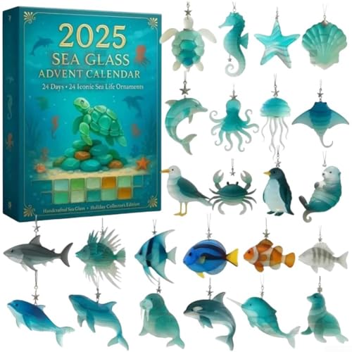 PureBowlic Calendrier de l'Avent 2025 en verre de mer, compte à rebours de Noël sur le thème de l'océan pour des décorations réalistes en acrylique, éducatif pour enfants et adultes, bleu, 25 cm (3)