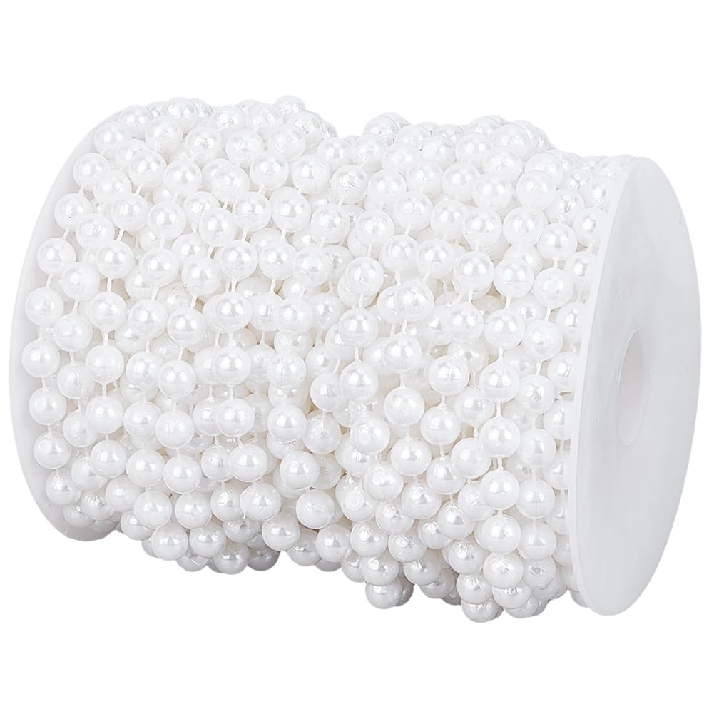 PONABEADIY 1 Roll 10MM Faux Pearl Bead Strands Strings White Garland Imitation Pearls Artificial Garlands ABS Plastic Trim Chain Smooth String Strand for Wedding Party Valentine Christmas Decorations