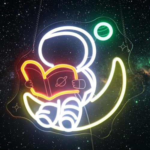 Image of Nordstylee Astronaut Reading on Moon Neon Sign for Kids Room Study - Bookish LED Wall Art, Dimmable USB Space-Themed Decor, Unique Wall Hanging