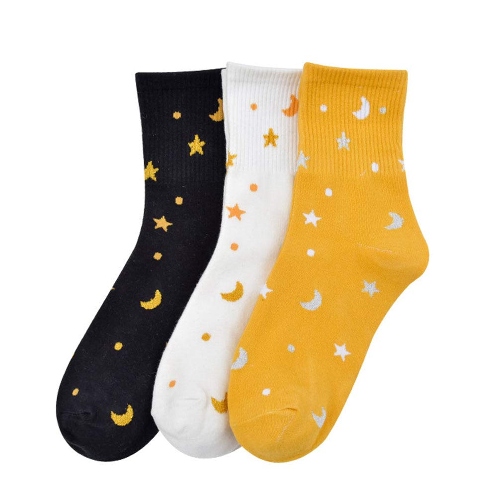 KESYOOKESYOO3Pairs Breathable Mid-calf Length Socks Moon Star Stockings Clothing Accessories
