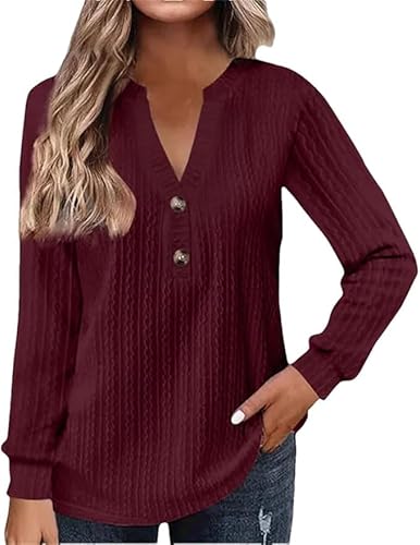 Kenhansion Womens Casual Button Down Henley Shirt V Neck Long Sleeve Tunic Tops Fashion Loose Fit Blouse Shirts Slim Pullover (Wine Red,X-Large)