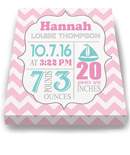 Personalized Stretched Canvas Birth Announcement Gift, Custom Baby Name, Date, Weight Stats, Newborn Sailboat Nursery Wall Art Decor, Wooden Frame Construction, Ready to Hang 8X10