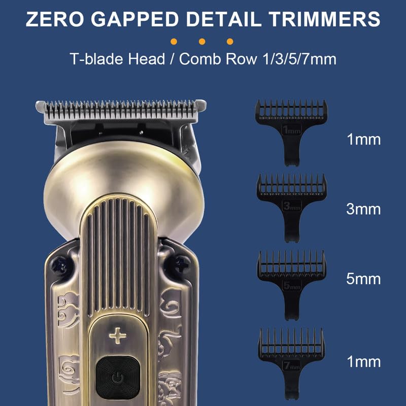 Close-up of Hatteker HT-6188 T-blade and four guide combs (1mm, 3mm, 5mm, 7mm)