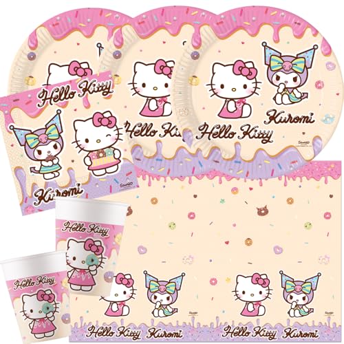 Procos Kit de fête Hello Kitty & Kuromi, 37 pièces, assiettes en carton, gobelets en carton, serviettes, nappe pour anniversaire d'enfant