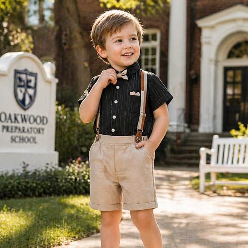 Image of Volunboy Baby Boy Formal Short Set Toddler Summer Gentleman Outfit Kid Short Sleeve Bowtie Shirt Suspender Shorts Suit