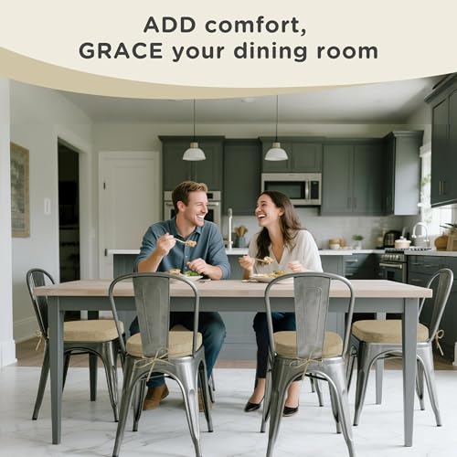 Image of AddGrace Set of 4 Chair Cushions for Metal Dining Chairs 14x14 Beige | Non Slip,Washable Removable Cover with Ties, Textured, for Kitchen Dining Room Indoor, Hard Wooden Chairs, Family Gathering
