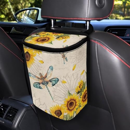 Image of Car Trash Bin Collapsible Cars Organizers and Storage for Front Seat Multipurpose Trash Bag Automotive Garbage Can Cars Accessories Interior Car Organizer, Dragonfly Sunflower