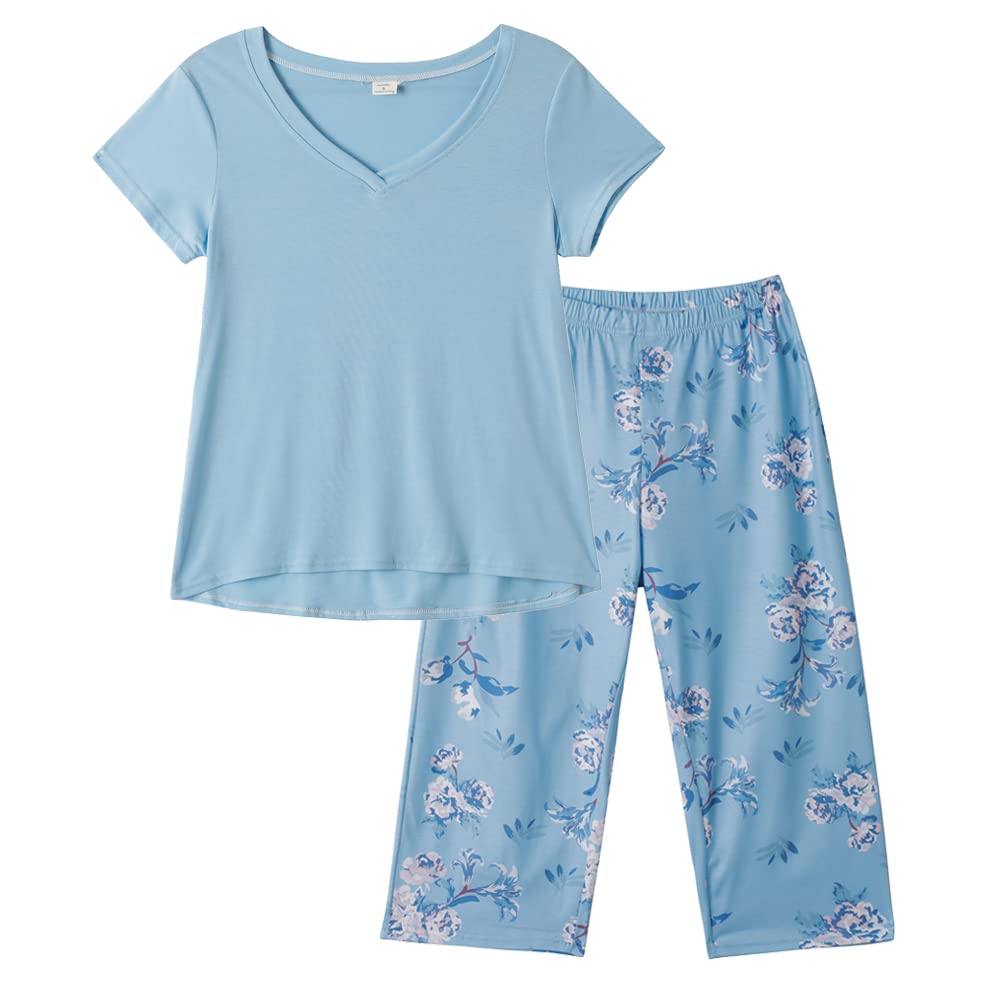 YIJIU Women's Short Sleeve Tops and Capri Pants Cute Cartoon Print Pajama Sets Medium Blue Floral