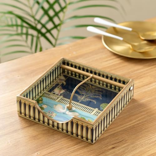 Image of Wooden Napkin Holder with Gold Engraving | Pack of 1 | Size : 7.5 x 7.5 inch | Enamel Coated Waterproof | Tissue Holder for Dining Table | (Swan Napkin Holder)