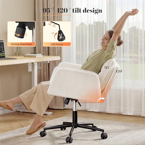 Image of DurayLoly Criss Cross Chair, Flip-Up Arms & Adjustable Height | Velvet, Thick Foam Seat,360 Swivel, Rolling Wheels, for Home Office, Bedroom, Makeup Room, Beige.