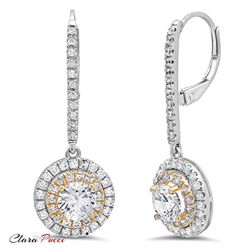 2.62 Ct Round Cut Conflict-Free Vvs1 Ideal Gemstone Birthsone Designer Cz Pave Drop Dangle Double Halo Earrings Solid 14K White Pink Rose Gold Lever Back #TOP7