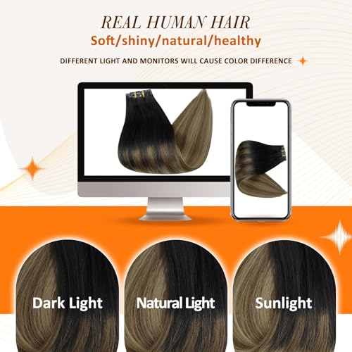 Image of Full Shine Seamless Clip in Hair Extensions Human Hair, Balayage Color 1B /6 /27, 12 Inch 80g 8 Pcs