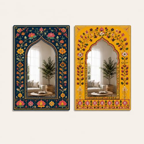 Image of American Elm Pack of 2 Jharokha Mirror Wall Decor for Home Decor Living Room Bedroom and Entryway Indian Floral Arch Acrylic Mirror Wall Hanging Ready to Hang
