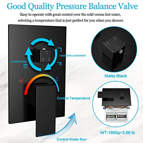 Shower System Rain Shower Faucet Set With Tub Spout,10 Inch Bathroom Wall Mounted Waterfall Bathtub Faucet With Handheld Spray And Rough-In Valve Body And Trim Kit,Matte Black #TOP4