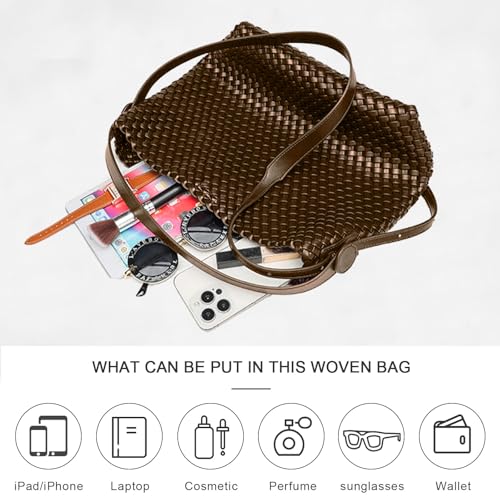 Image of Large Woven Tote Bag Vegan Leather Shoulder Bag for Women Fashion Travel Shopper Bag Top Handle Handbag and Purse