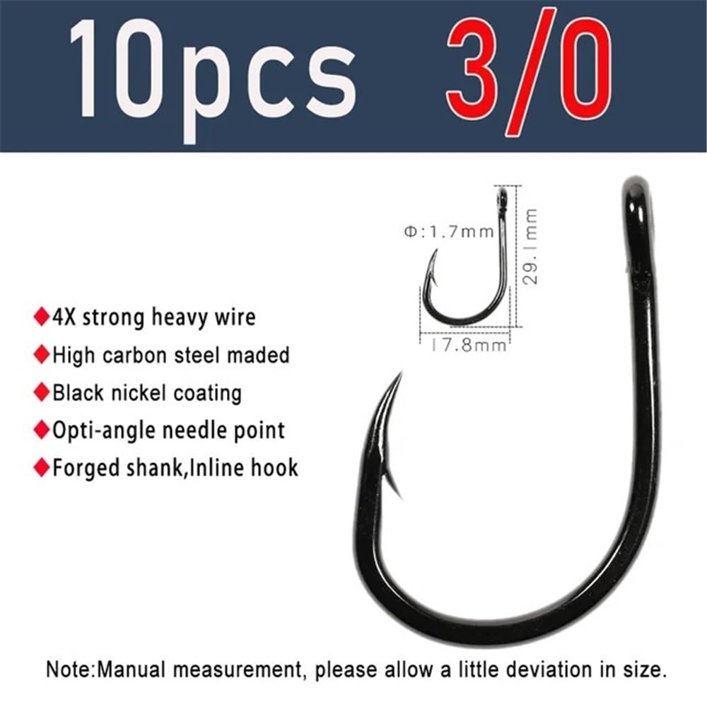 Anzuelos para Pesca 10pcs 4X Strong Wire Live Bait Hook High Carbon Steel Barbed Sharp Fishing Hooks Saltwater Fishing For Tuna Shark Bass para Agua Dulce y Salada(3/0)