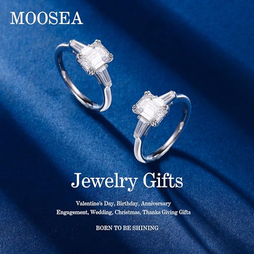 MOOSEA 3 Stone Moissanite Rings for Women, 2ct Emerald D Color VVS1 Clarity Lab Created Moissanite Rings 14K White Gold Vermeil Double Claw Emerald Cut Moissanite 3 Stone Rings for Women Mom Wife Gift3