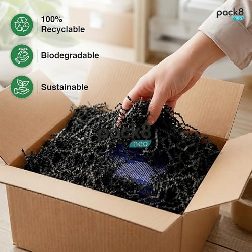 Image of Pack8neo Shredded Paper Cutting For Giftpacking, Hampers, Gift Baskets & Boxes, 5kg | Sustainable grass paper, Crinkle Cut filler, Gift Packaging Protection & Recyclable decoration material, Black