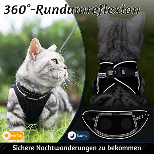 rabbitgoo Katzengeschirr mit Leine Ausbruchsicher, Katzenleine mit Geschirr, Katzengeschirr Kitten Verstellbar Weich Kätzchenweste mit Reflektierenden Streifen für Extra Kleine Katzen, Schwarz S
