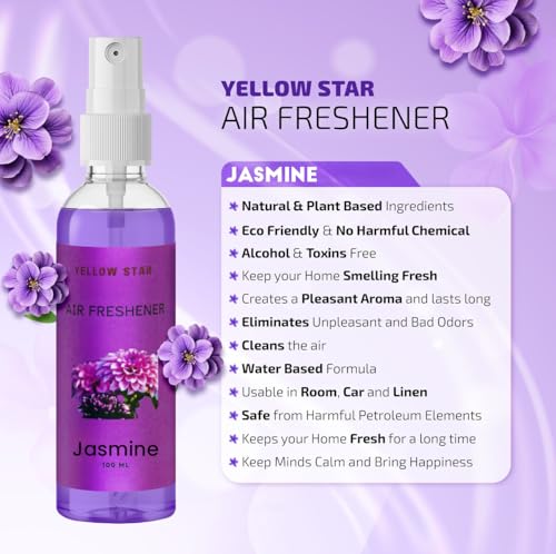 Image of YELLOW STAR Room Air Freshener Spray, Jasmine Fragrance (100ml) | Long Lasting Jasmine Room Freshener for Home, Office & Car | Odour Neutralizer