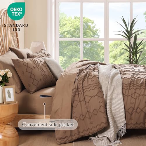 Image of AMBERSPACE King Size Comforter Set Brown, Tufted Geometric Boho Bedding Farmhouse Bed Set, All Season 7 Pieces Bed in a Bag with Sheets, Pillowcases & Shams