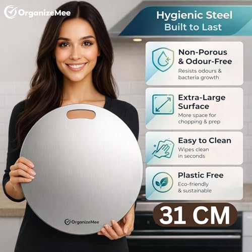 Image of OrganizeMee Stainless Steel Chopping Board (Round, 31cm) - Heavy Duty Metal Cutting Board for Kitchen - Hygienic, Dishwasher Safe & Durable (1.5mm Thick)