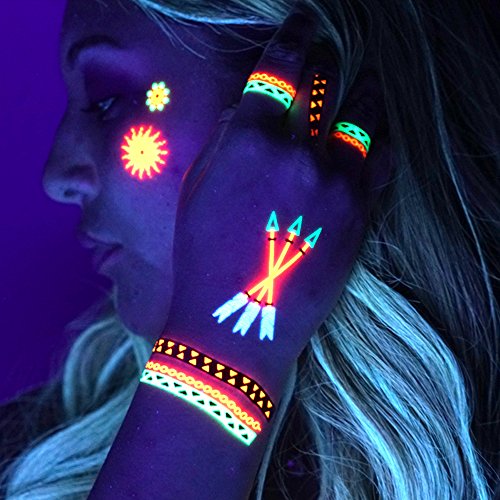 UV Temporary Tattoos - Blacklight Colored Rave, Neon, Party, Yoga, Tattoos